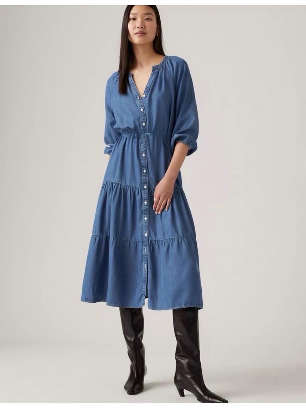 Levi's Cecile Midi Lyocell Dress Medium Tiered Chambray Blue Button Front Boho